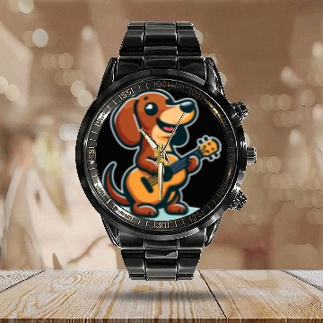 Discover Cute Dachshund playing Guitar Calendar Steel Band Watch