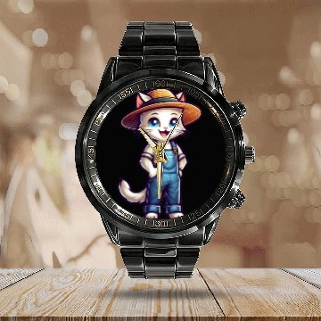 Discover Cute Cat Farmer Calendar Steel Band Watch