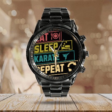 Discover Eat sleep karate repeat hobby Calendar Steel Band Watch