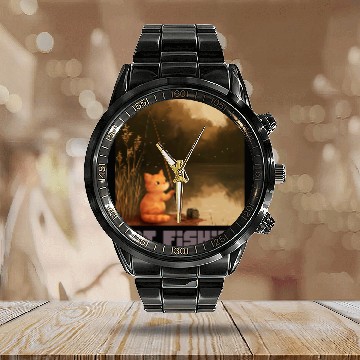 Discover Cat Fishing Calendar Steel Band Watch