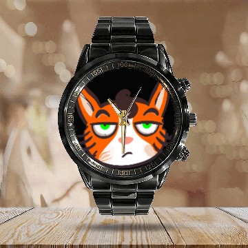 Discover Orange Grumpy Cat Green Eyes Calendar Steel Band Watch