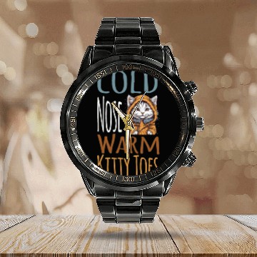 Discover Cold Nose Warm Kitty Toes White Cat Winter Outfit Calendar Steel Band Watch