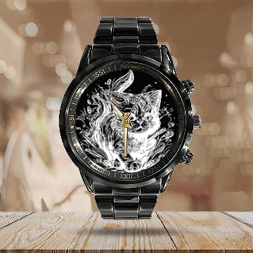 Discover Cute Little House Cat In Tattoo Style Calendar Steel Band Watch