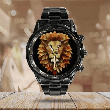Discover Autumn Majesty: Lion Surrounded by Falling Leaves Calendar Steel Band Watch