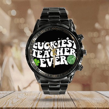 Discover Luckiest Teacher Ever Disco Ball Shamrock Groovy Calendar Steel Band Watch