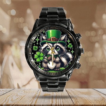Discover St. Patrick's Day Raccoon Revelry Calendar Steel Band Watch