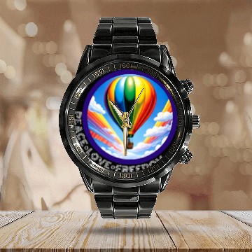 Discover Peace Love Freedom Ballon Calendar Steel Band Watch