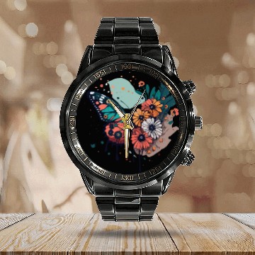 Discover Metamorphora Butterfly Nature Flowers Branches Calendar Steel Band Watch