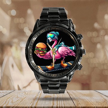 Discover Flamingo Snowboard Burger Fun Calendar Steel Band Watch