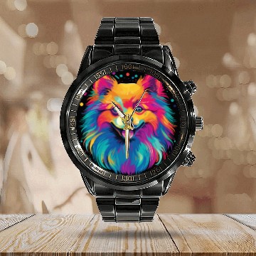 Discover Watercolor Colorful Pomeranian Calendar Steel Band Watch