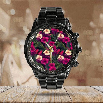 Discover Tropical Pink Flowers Leaves Pattern Calendar Steel Band Watch