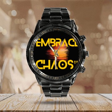 Discover Black Yellow Simple Typography Embrace Chaos Calendar Steel Band Watch