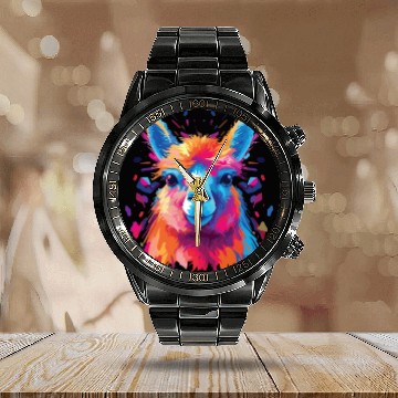 Discover Watercolor Colorful Alpaca Colorful Animals Calendar Steel Band Watch