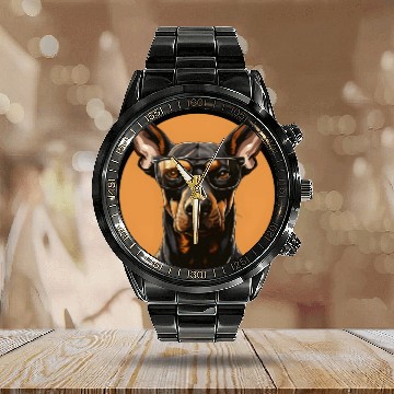 Discover Doberman natural ears Calendar Steel Band Watch