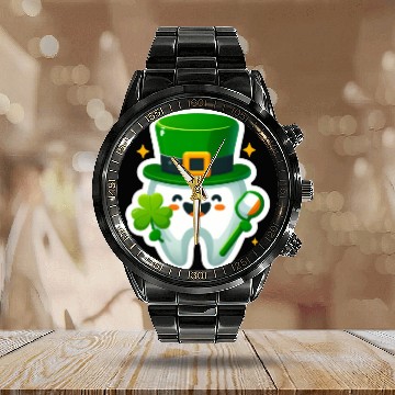 Discover St patricks day cartoon dentist design, cute tooth Calendar Steel Band Watch