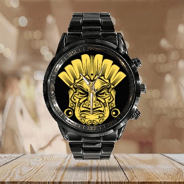 Discover Amerindian-Inspired Face Fusion Mythical Ink Calendar Steel Band Watch