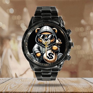 Discover teddy bear holding a money bag Calendar Steel Band Watch