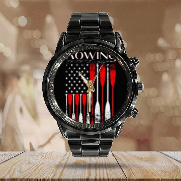 Discover Rowing US flag american rower patriotic paddle Calendar Steel Band Watch