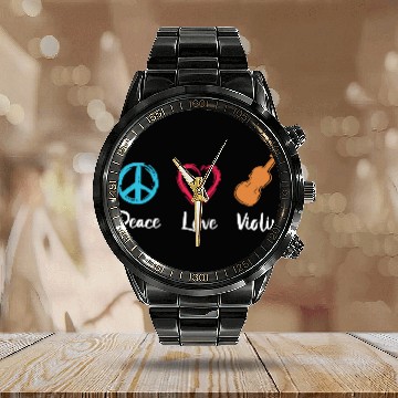 Discover Peace Love Violin Calendar Steel Band Watch