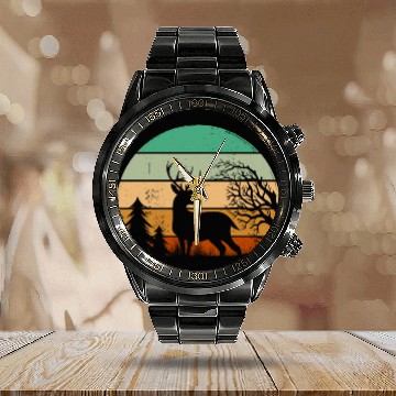 Discover Serene Deer Twilight Forest Silhouette Calendar Steel Band Watch