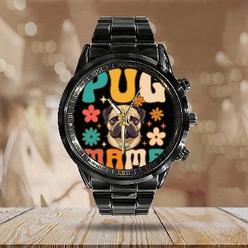 Discover Groovy Pug Mom Female Dog Lover Calendar Steel Band Watch