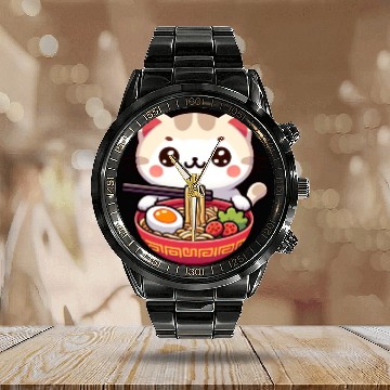 Discover Cute Cat Eating Ramen Calendar Steel Band Watch