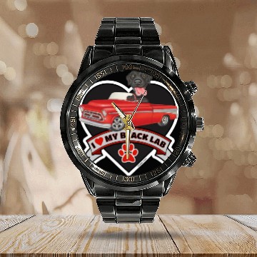 Discover Cute black lab in classic truck inside a heart Calendar Steel Band Watch