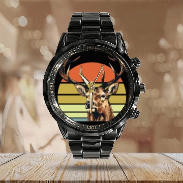 Discover Hunting Elk Deer Funny Hunter Calendar Steel Band Watch