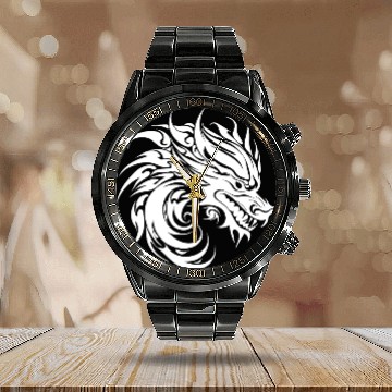 Discover Roaring Chinese Dragon In Tattoo Style Calendar Steel Band Watch
