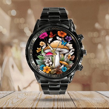 Discover forest of mushrooms and flowers,funny mushrooms Calendar Steel Band Watch