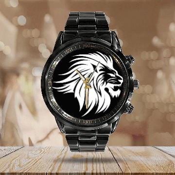 Discover Waving Mane Lion Head Tattoo Ink Style Calendar Steel Band Watch