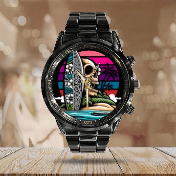 Discover Surfing Surfer Skull Nature Calendar Steel Band Watch