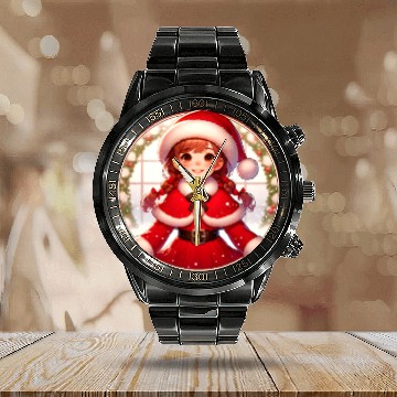 Discover Santa Claus Girl Illustration Funny Christmas Calendar Steel Band Watch