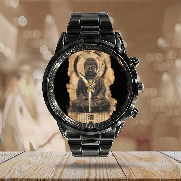 Discover Vintage Papyrus Scroll Japanese Silhouette Buddha Calendar Steel Band Watch