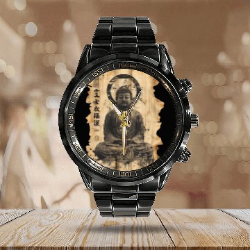 Discover Vintage Papyrus Scroll Japanese Silhouette Buddha Calendar Steel Band Watch