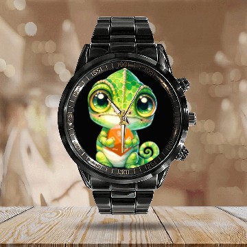 Discover Chameleon Holding 20-sided Dice Calendar Steel Band Watch