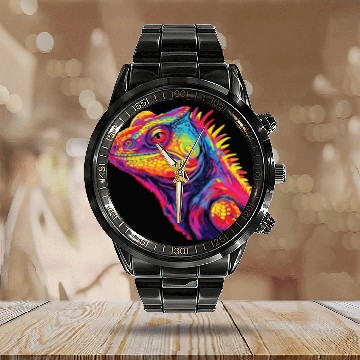 Discover Watercolor Colorful Chameleon Colorful Animals Calendar Steel Band Watch