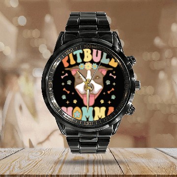 Discover Groovy Pitbull Mom Female Dog Lover Calendar Steel Band Watch