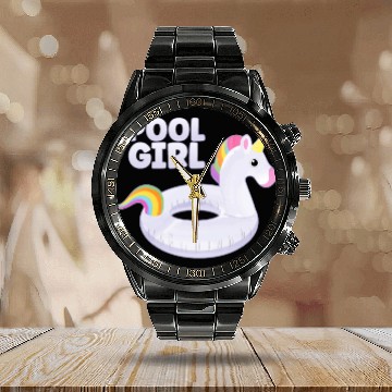 Discover Pool Girl Unicorn Floatie Swimming Pool Calendar Steel Band Watch