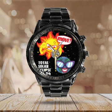 Discover Total Solar Eclipse Move! 4.08.24 Funny Eclipse Calendar Steel Band Watch