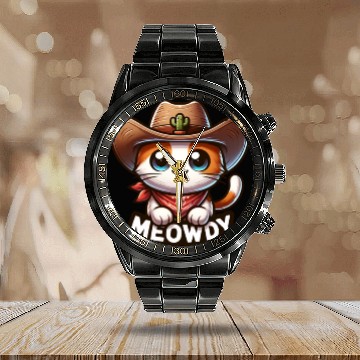 Discover Cute Meowdy Cat Cowboy Pun Calendar Steel Band Watch