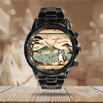 Discover Mt. Fuji Kitten Papyrus Scroll Retro Japanese Art Calendar Steel Band Watch
