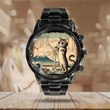 Discover Mt. Fuji Kitten Papyrus Scroll Retro Japanese Art Calendar Steel Band Watch