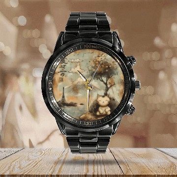 Discover Mt. Fuji Kitten Papyrus Scroll Retro Japanese Art Calendar Steel Band Watch