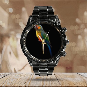 Discover Picture of a parrot colored in bright green, red, Calendar Steel Band Watch
