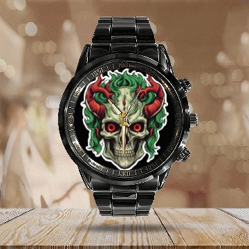 Discover Infernal Emerald: Red-Horned Skull Calendar Steel Band Watch