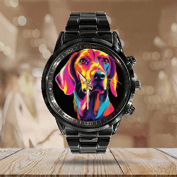 Discover Watercolor Colorful English Foxhound Calendar Steel Band Watch