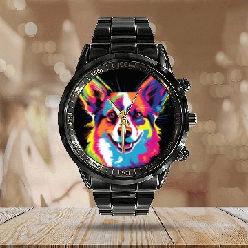 Discover Watercolor Colorful Pembroke Welsh Corgi Calendar Steel Band Watch