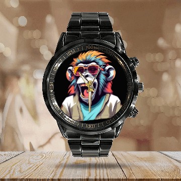 Discover Retro Laughing Monkey Calendar Steel Band Watch