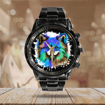 Discover Pomeranian Dog Head Portrait Colorful Calendar Steel Band Watch